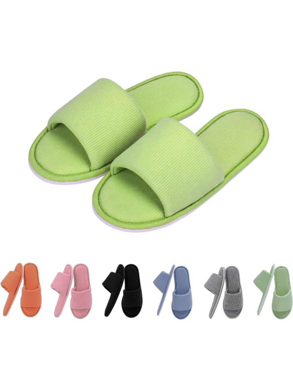 Women's Green Waffle Fabric Memory Foam Cushioning Slip-On Open Toe Slippers